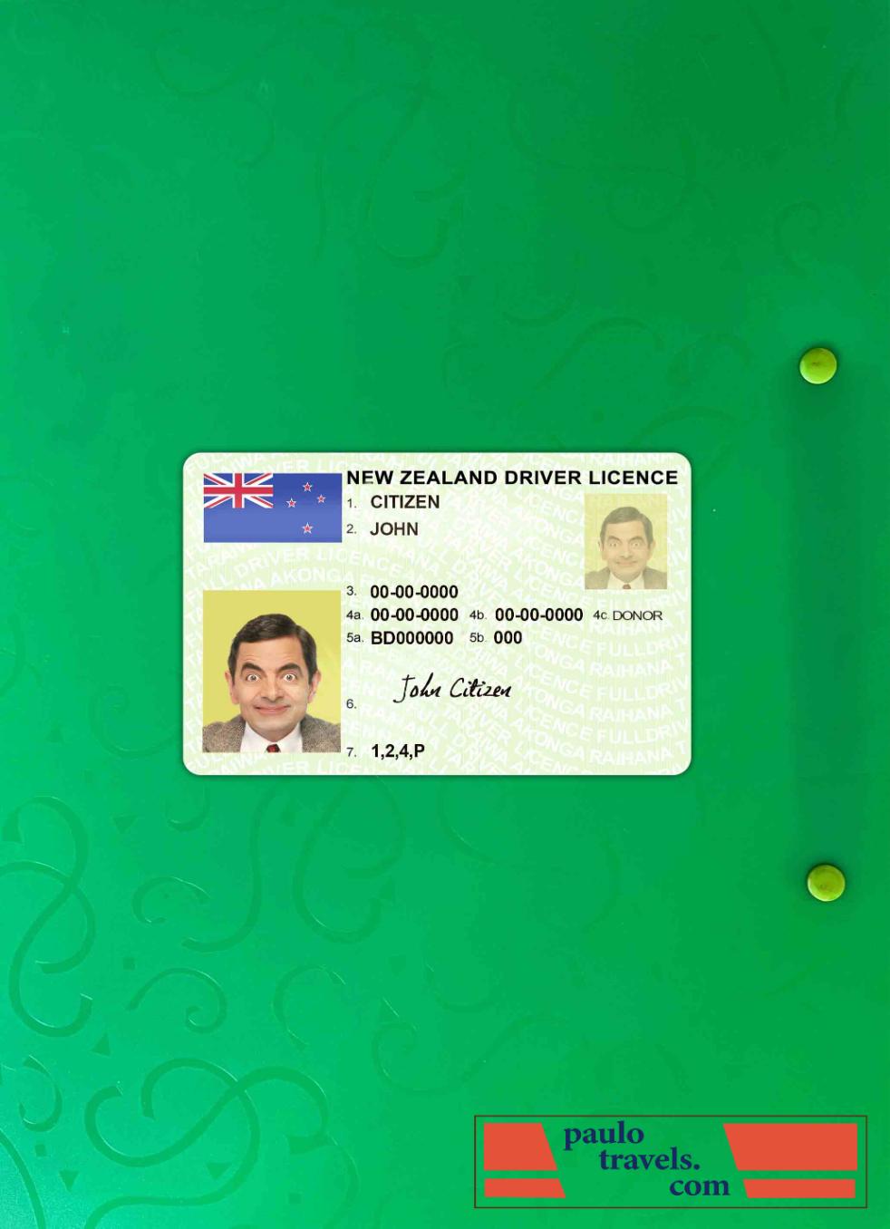 New Zealand green driving license (fully qualified) photolook FRONT PSD template
